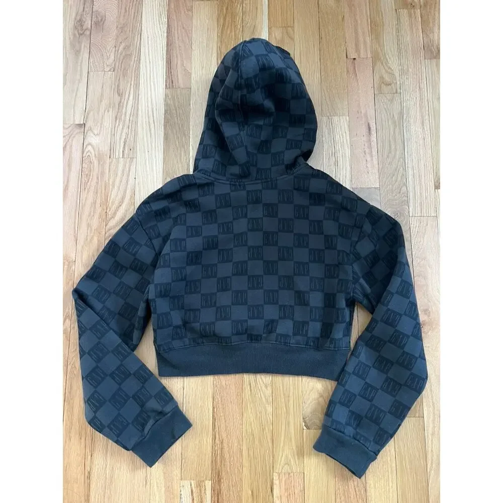 Gap Teen Black Checkerboard Logo Crop Zip Up Hooded Sweatshirt (size 14-16)
